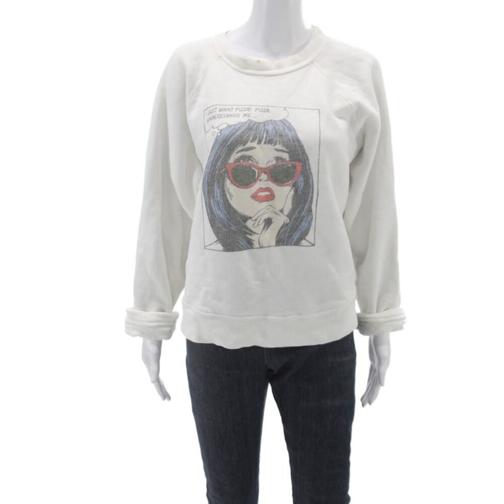Re/Done Women White Cotton Comic Graphic Long Sleeve T-Shirt Size L